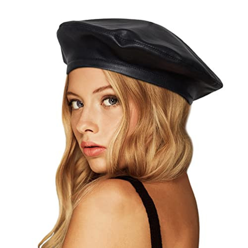 PU Leather Berets for Women French Beret Hats Artist Painter Hat Classic Solid Style(Black) | Amazon (US)