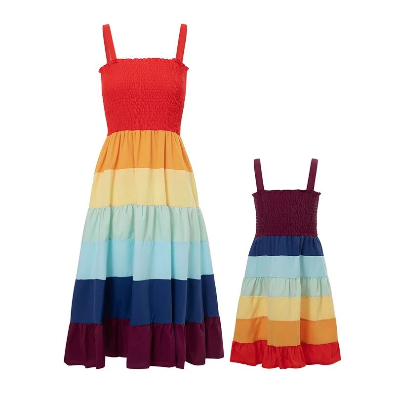 Mommy and Me Dresses Women Girl Rainbow Stripe Printed Spaghetti Strap Sleeveless Dress Family Cl... | Walmart (US)
