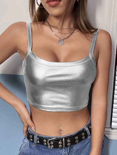 Apperloth A Solid Metallic Cami Crop Top | SHEIN