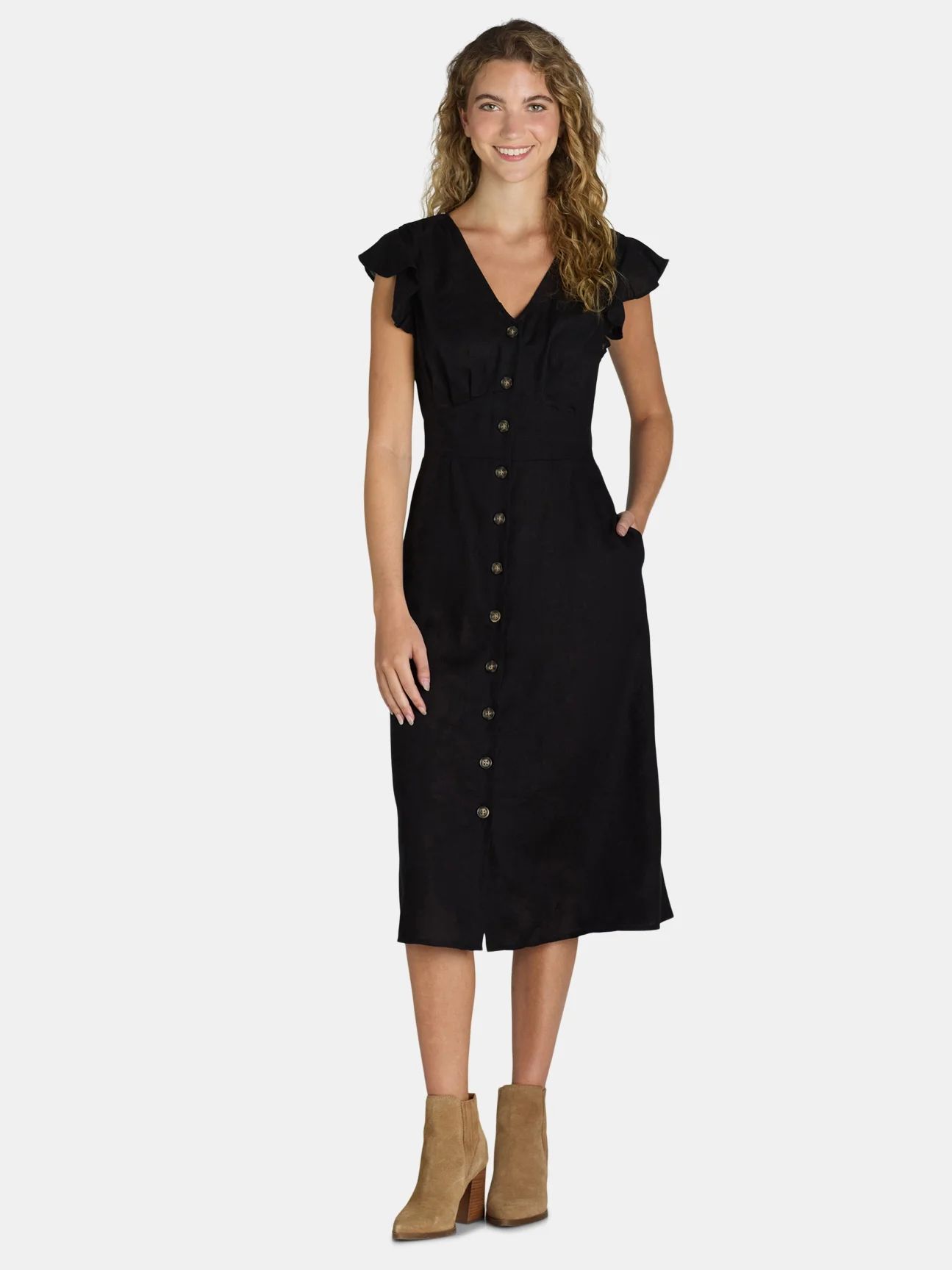 Time and Tru Women's and Women's Plus Midi Dress with Flutter Sleeves, Sizes XS-4X | Walmart (US)