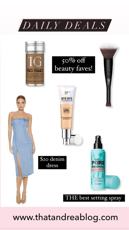 Daily deals 
Makeup on sale 
Beauty on sale 
Setting spray 
Denim dress 
Denim 
Foundation 

#LTKtravel #LTKbeauty #LTKsalealert