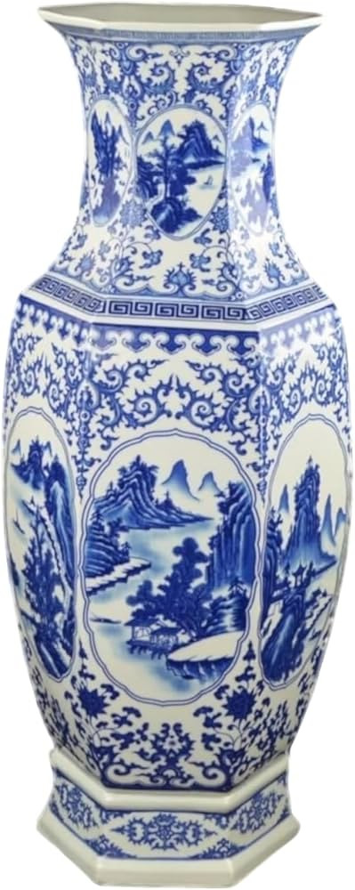 25" Blue and White Hexagonal Landscape Porcelain Vase, Jingdezhen Ceramic (D9) | Amazon (US)