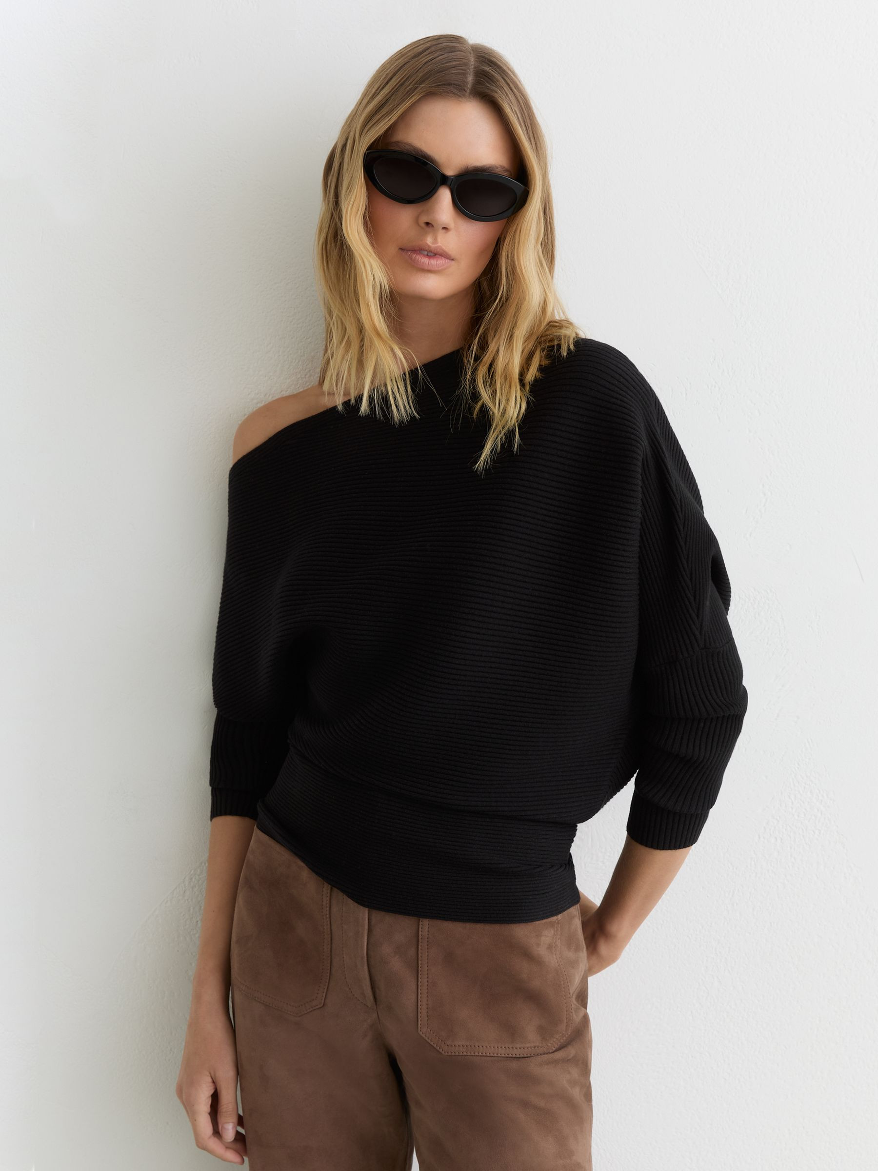 Reiss Asymmetric Draped Knitted Jumper in Black | REISS | Reiss US