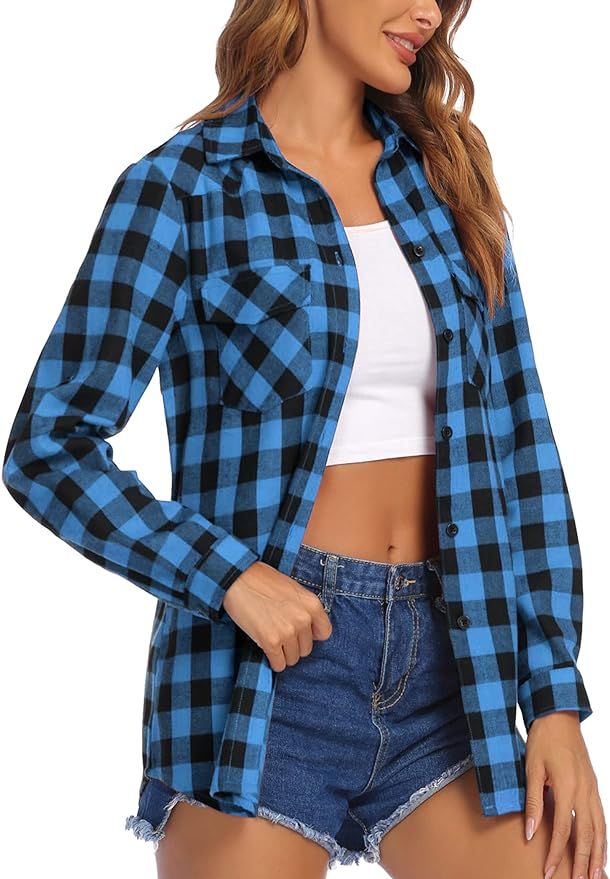Beyove Womens Flannels Plaid Shirt Long/Roll Up Sleeve Classic Button Down Tops with Pockets S-XX... | Amazon (US)