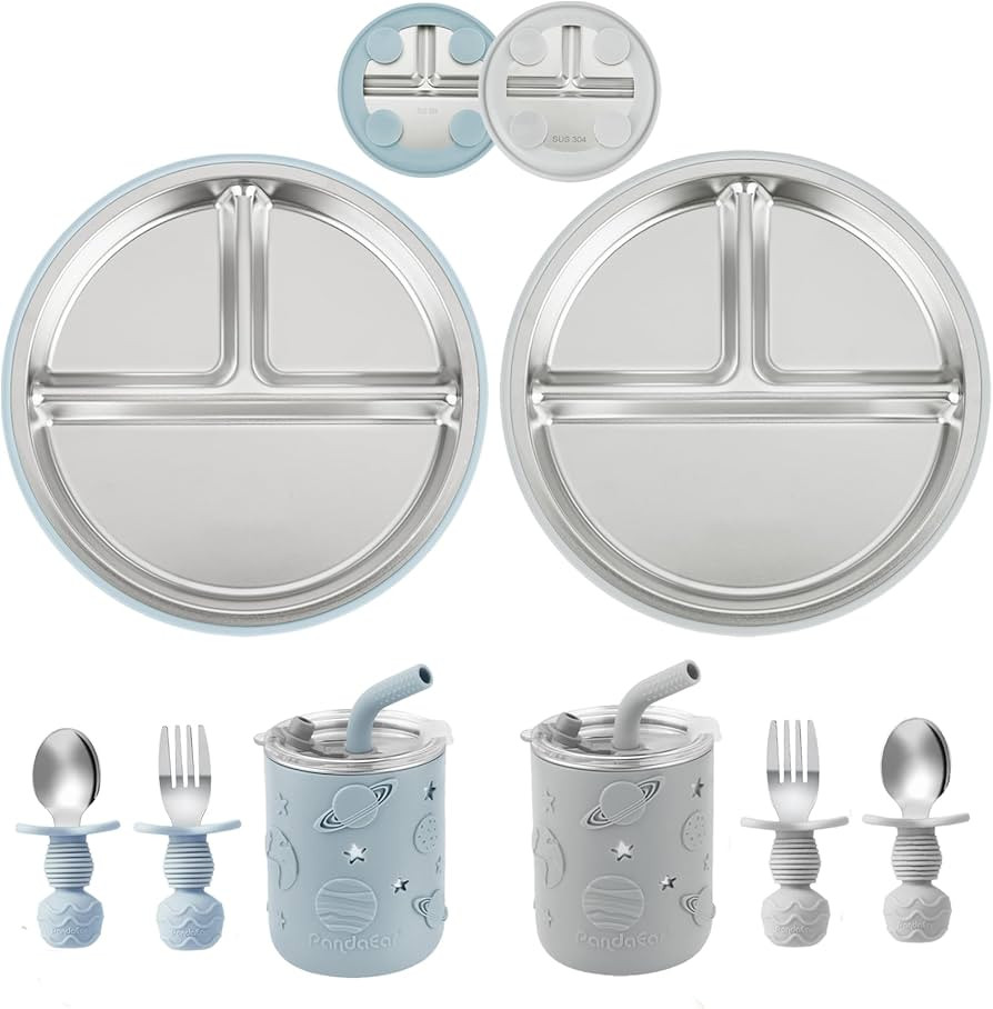 PandaEar Stainless Steel Baby Feeding Set | 2 Divided Suction Plates, 2 Spill-Proof Straw Cups wi... | Amazon (US)