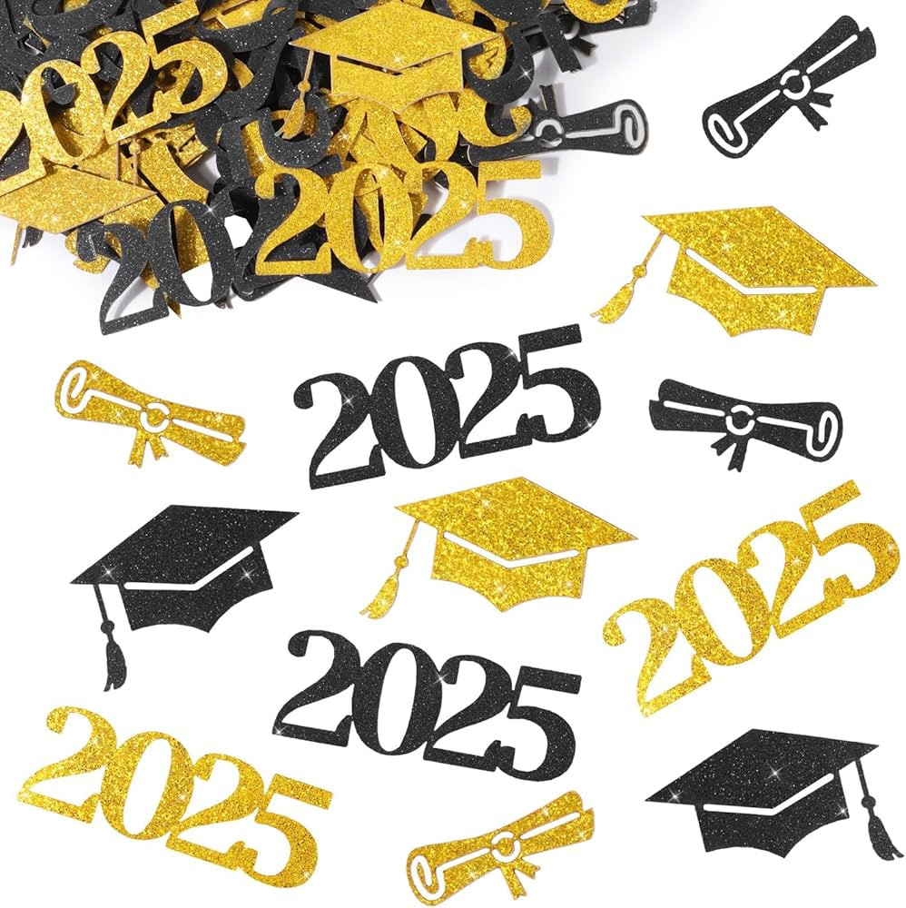 100pcs Graduation Confetti for Table 2025 Large Glitter Black Gold Grad Confetti Graduation Party... | Amazon (US)