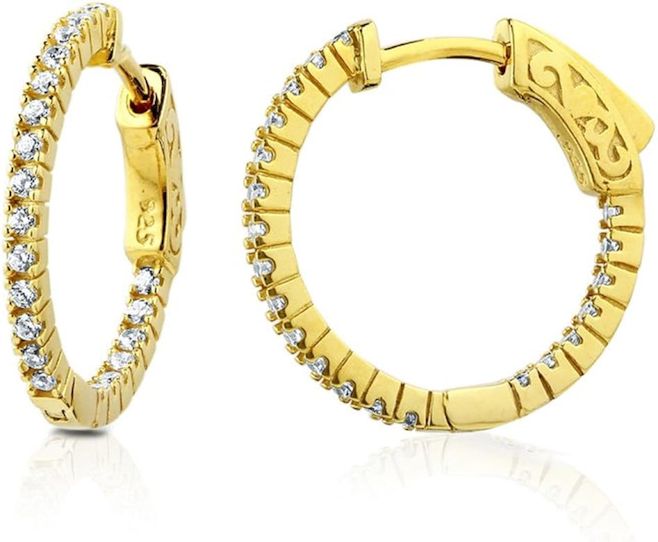 BERRICLE Yellow Gold Flashed Sterling Silver Cubic Zirconia CZ Medium Fashion Inside-Out Hoop Ear... | Amazon (US)