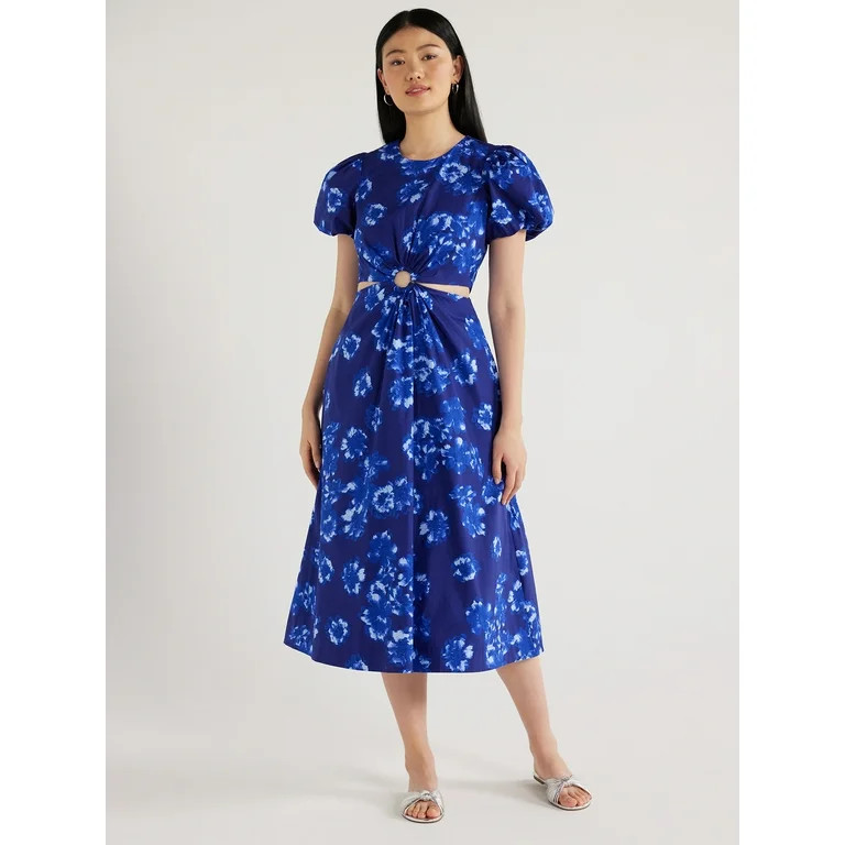 Scoop Women's Cut Out Midi Dress with Puff Sleeves, Sizes XS-XXL | Walmart (US)