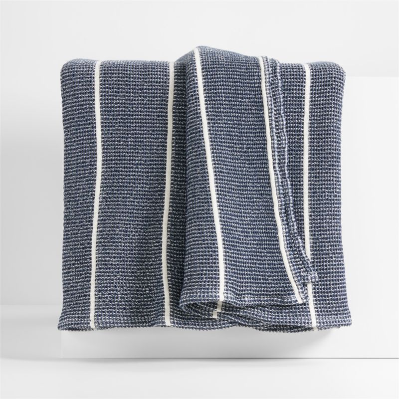 Organic Cotton 80"x80" Deep Indigo Striped Waffle Oversized Throw Blanket | Crate & Barrel | Crate & Barrel