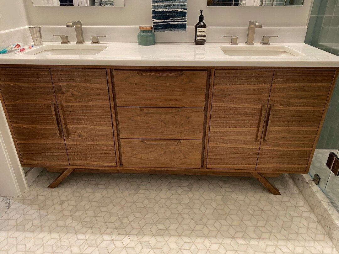 Double Sink Mid Century Style Bathroom Vanity Cabinet in Walnut with Angled Leg Base - Free Shipp... | Etsy (US)