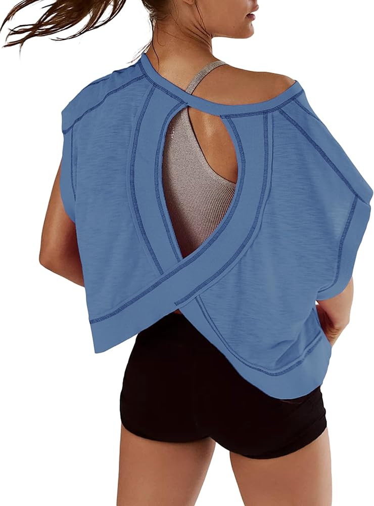 Women Short Sleeve Workout Shirts Open Back Tops Casual Yoga Y2k Athletic Gym Slouchy Crop Runnin... | Amazon (US)