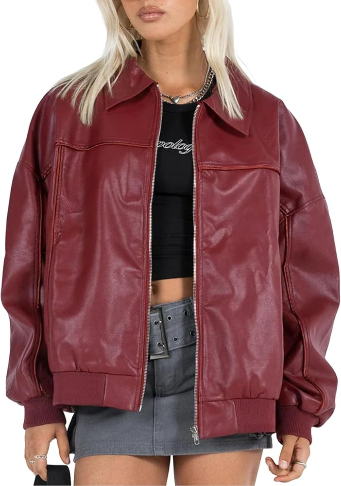 EsheSy Women's Oversized Leather Jacket Faux Suede Boyfriend Motorcycle Full Zip Bomber Jacket | Amazon (US)