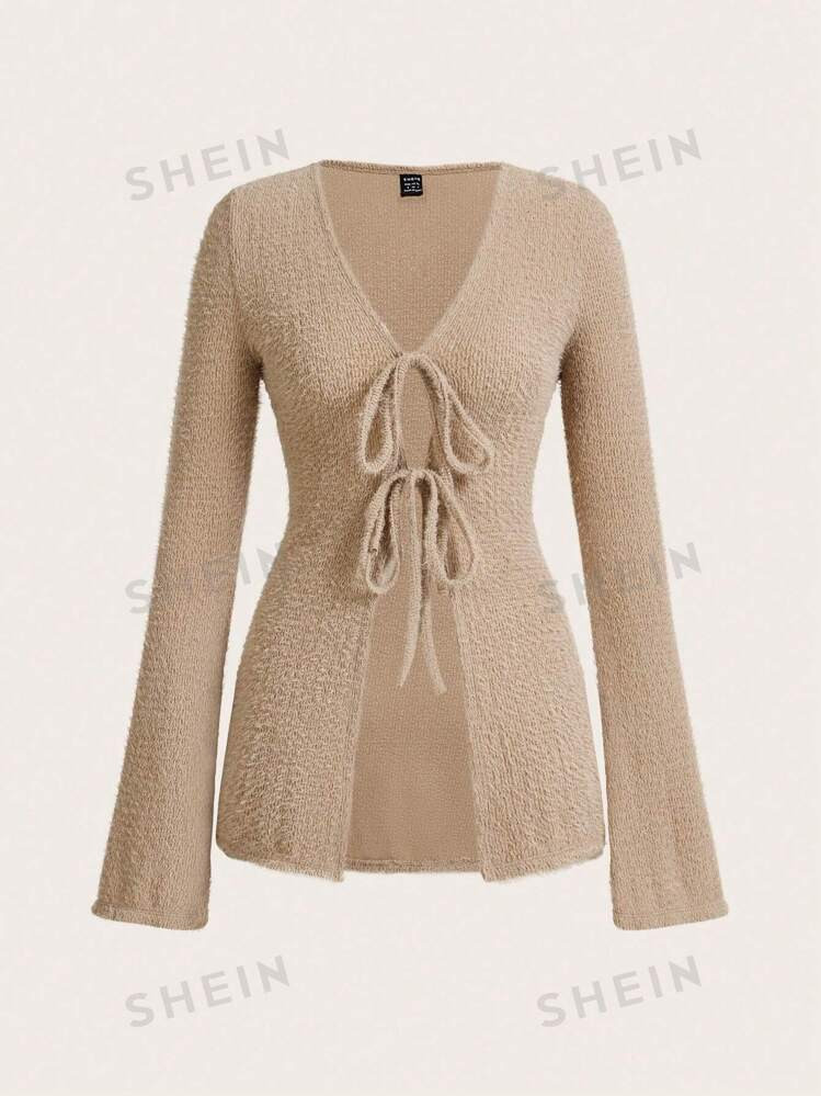 SHEIN ICON Solid V Neck Tie Front Long Sleeve Top | SHEIN