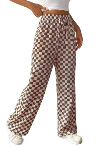 Women's Casual Checkered Pants Drawstring Elastic Waist Comfy Loose Straight Wide Leg Plaid Pants with Pockets Brown | Amazon (US)