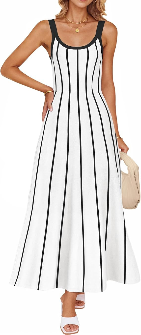 ZESICA Wome's Summer Sleeveless Striped Midi Dress 2025 Knit Casual Elegant A Line Swing Sweater ... | Amazon (US)