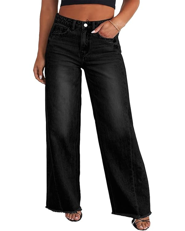 Eytino Women's Plus Size Wide Leg Jeans Elastic High Waist Stretchy Raw Hem Denim Pants with Pock... | Amazon (US)