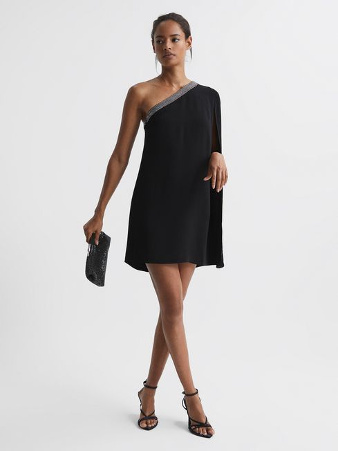 Reiss Black Marlene One Shoulder Embellished Mini Dress | Reiss UK