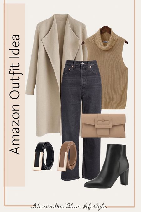 Amazon Outfit idea!! Profesional cárdigan, tank top sweater tank top, black high waisted vintage jeans, black and brown belt, black boots, and brown clutch!! Winter outfits! Amazon Fashion! 

#LTKshoecrush #LTKSeasonal #LTKunder100