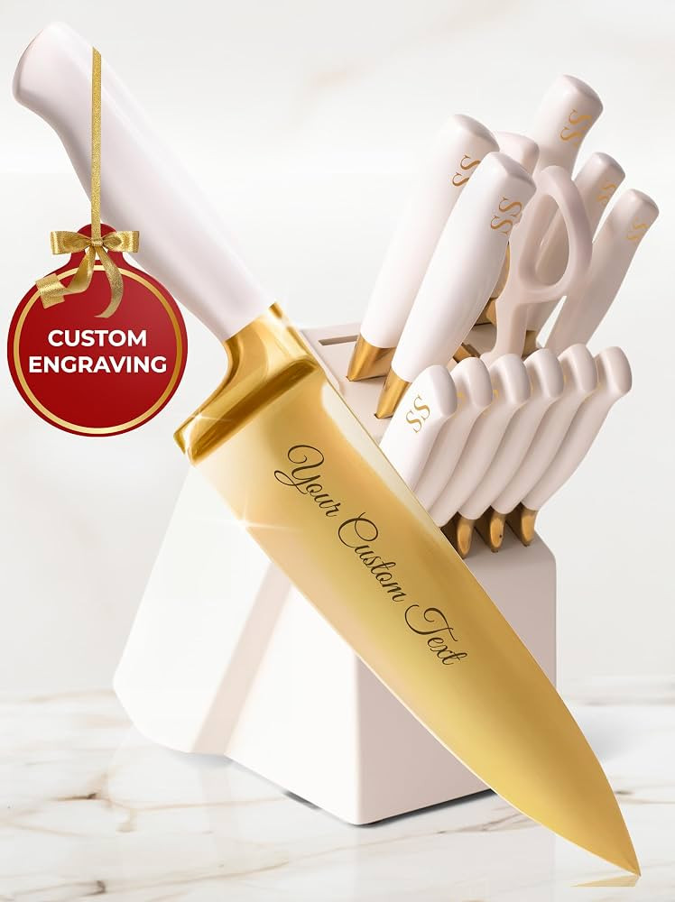 Personalized Gold Knife Set with Self-Sharpening Block – Make It Uniquely Yours with Custom Eng... | Amazon (US)