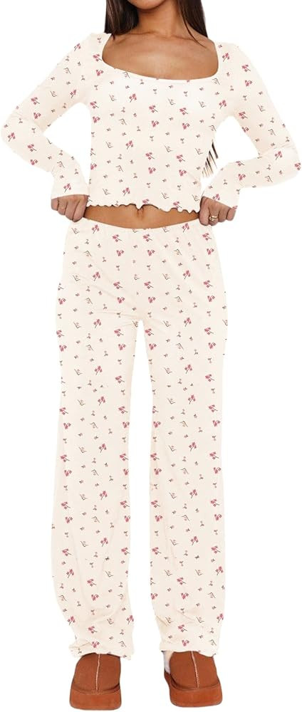 Dressmine Women Casual Pajamas Set 2 Piece PJs Sexy Square Neck Long Sleeve Tops Cute Pants Sets ... | Amazon (US)