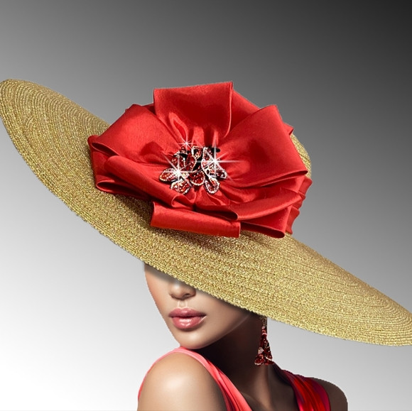Exquisite Couture Wide Brim Red Bow Jeweled Straw Hat Derby Equine Brunch Tea | Poshmark