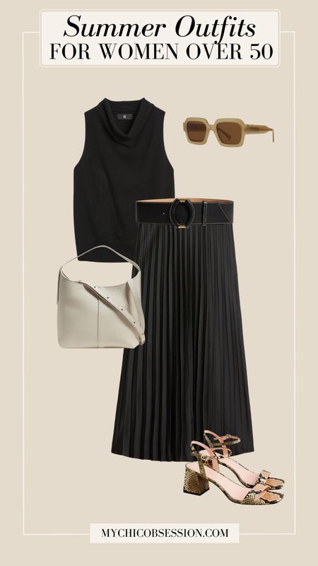 Style your pleated midi dress for summer by pairing it with a waist belt, and a cowl neck tank for a classy date night look. Add a sleek leather bag, classic sunglasses, and heels to complete the look.

#LTKstyletip #LTKover40 #LTKSeasonal