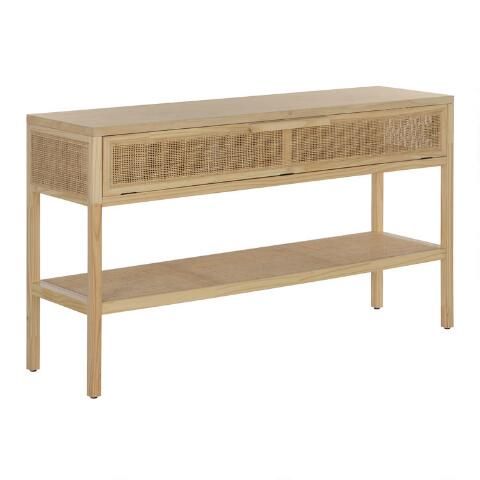 Leith Pine Wood and Rattan Cane Console Table with Shelf | World Market