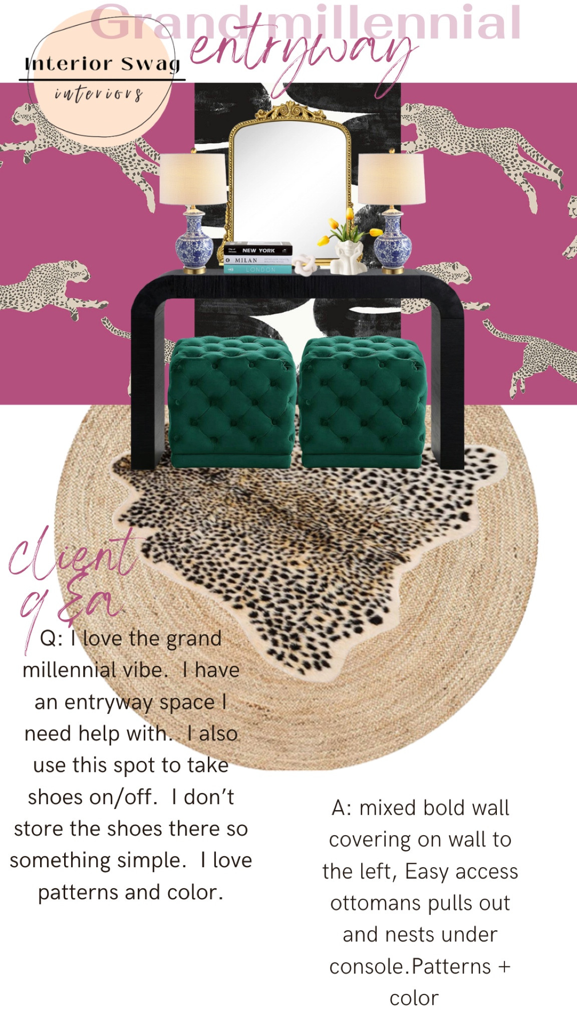 Grand millennial style entryway decor, removable wall covering, peel and stick, matte black console table, green velvet tufted ottomans, chinoiserie lamps, face planter, knot decor, decor books, jute rug, leopard rug all from Amazon 

#LTKhome #LTKFind #LTKunder100