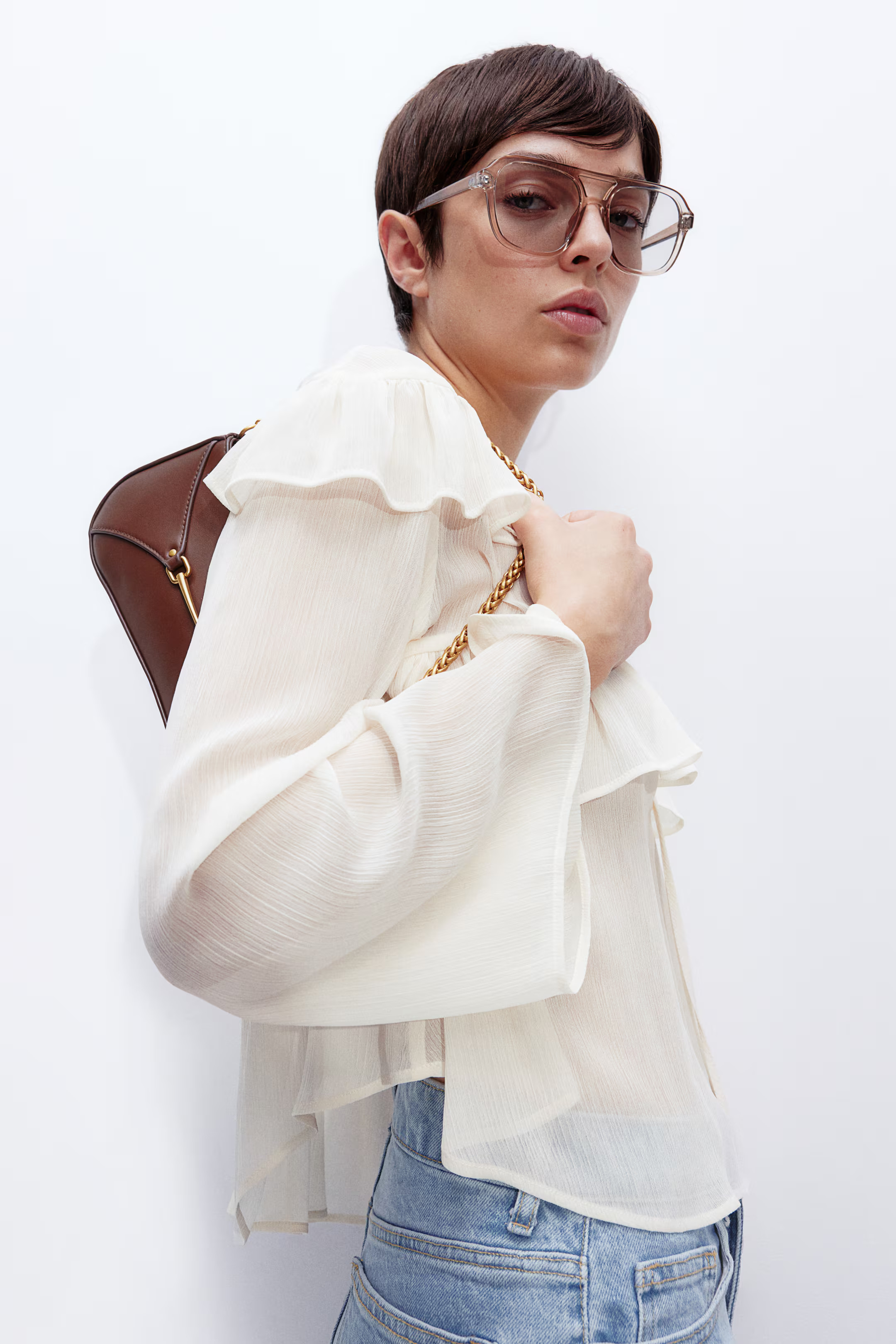 Crinkled Ruffle-trimmed Blouse - V-neck - Long sleeve - Cream - Ladies | H&M US | H&M (US + CA)