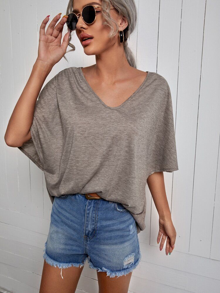 Solid Batwing Sleeve V-Neck Tee | SHEIN