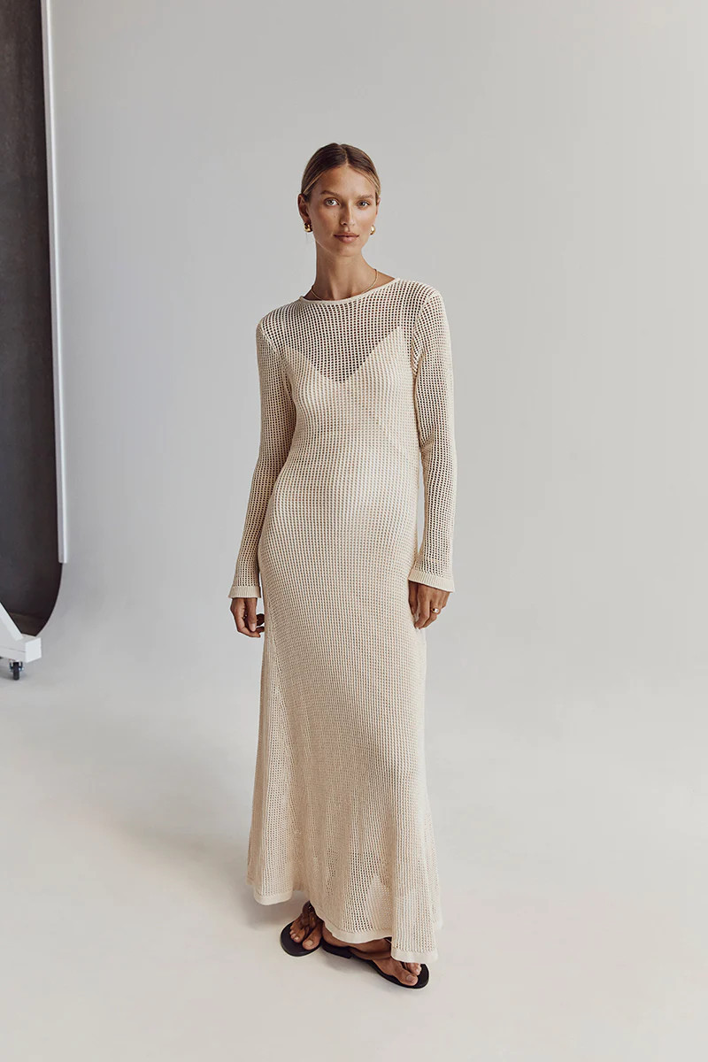OPHELIA NATURAL LONG SLEEVE CROCHET MAXI DRESS | DISSH