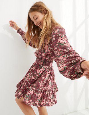 Aerie Printed Long Sleeve Mini Dress | American Eagle Outfitters (US & CA)