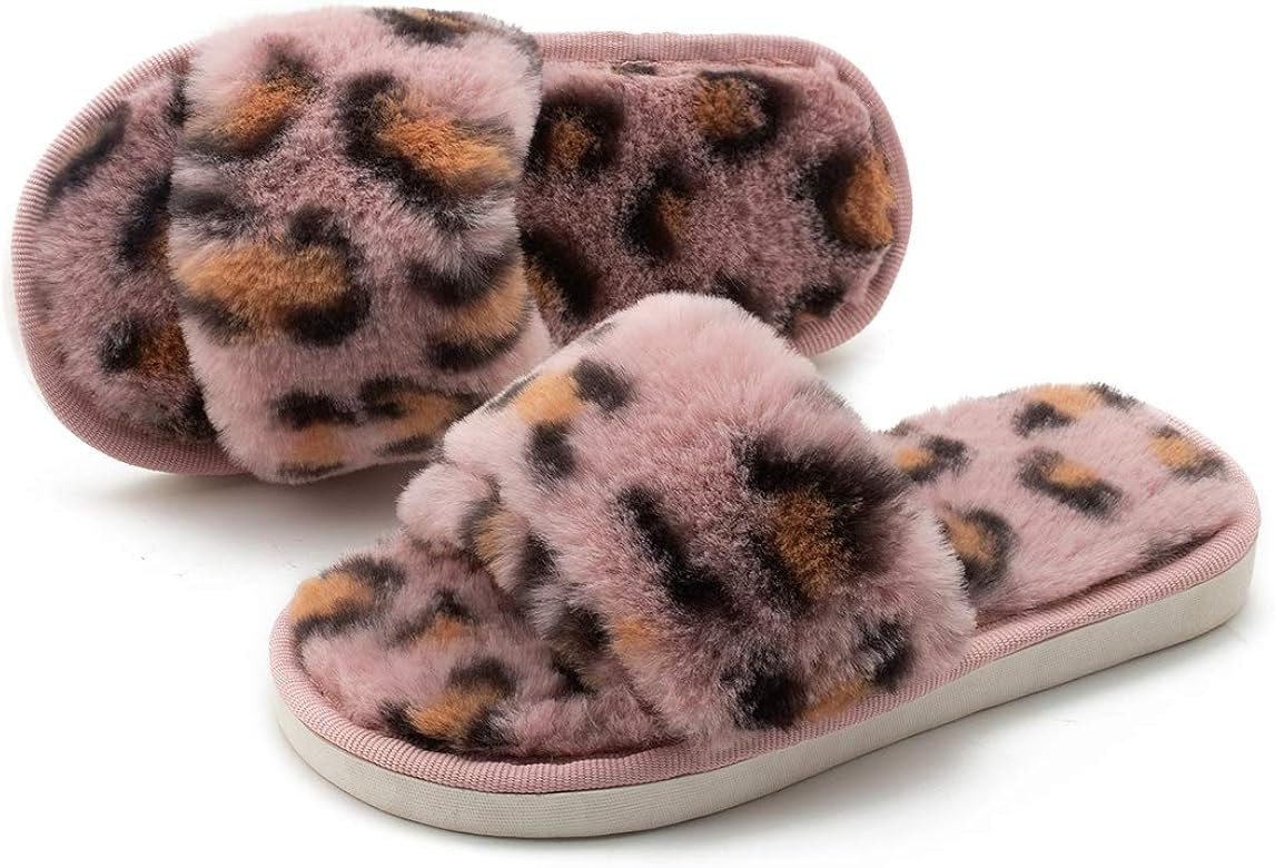 Zoolar Girl's Fluffy Slippers Kids' Fuzzy Slippers Slide Sandals Leopard Plush Open Toe Slip on H... | Amazon (US)