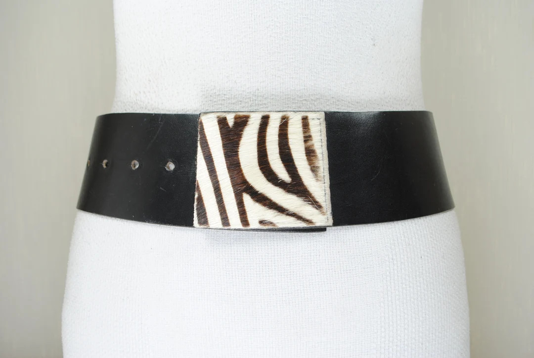 Zebra Pattern Fur Buckle Wide Black Leather Belt, Women, Animal print Hairy Buckle, 90s Y2K Vinta... | Etsy (US)