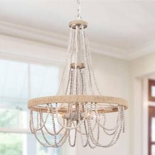 LNC Rustic Boho 4-Light White/Gray Farmhouse Empire Chandelier Coastal Pendant Light with Wood Be... | The Home Depot