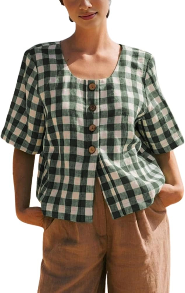 PUWEI Women's Plaid Button Down Shirts Cotton Short Sleeve Square Neck Gingham Tops Blouses | Amazon (US)