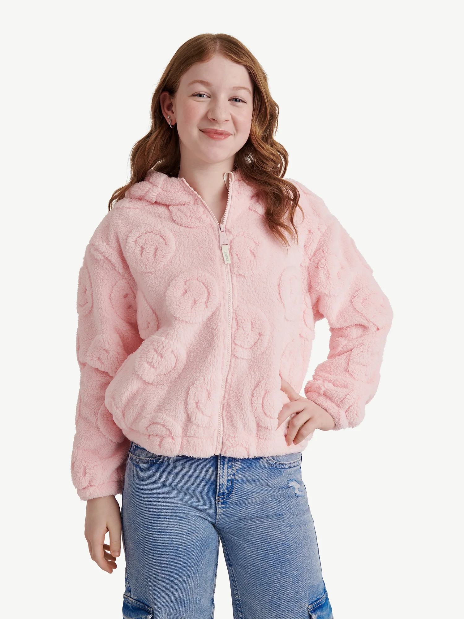 Justice Girl's Embossed Smiley Sherpa Jacket with Hood, Sizes XS - XL | Walmart (US)