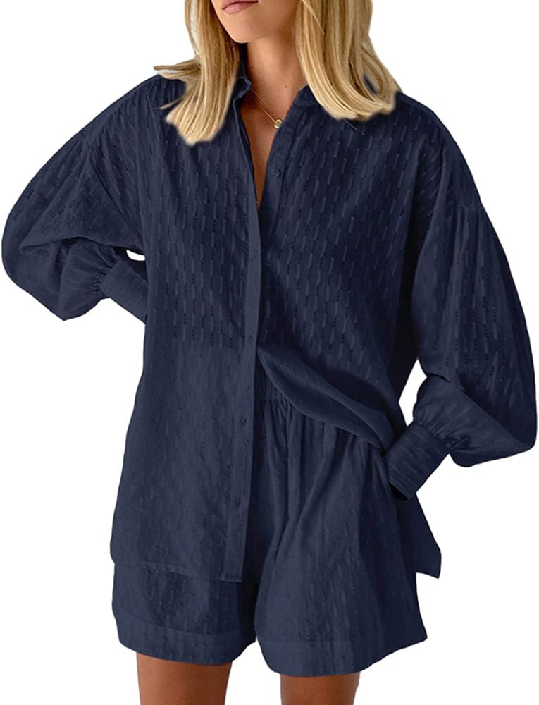 HAPCOPE Women's 2 Piece Outfits Oversized Long Puff Sleeve Blouse Shirt High Waisted Side Pocket ... | Amazon (US)