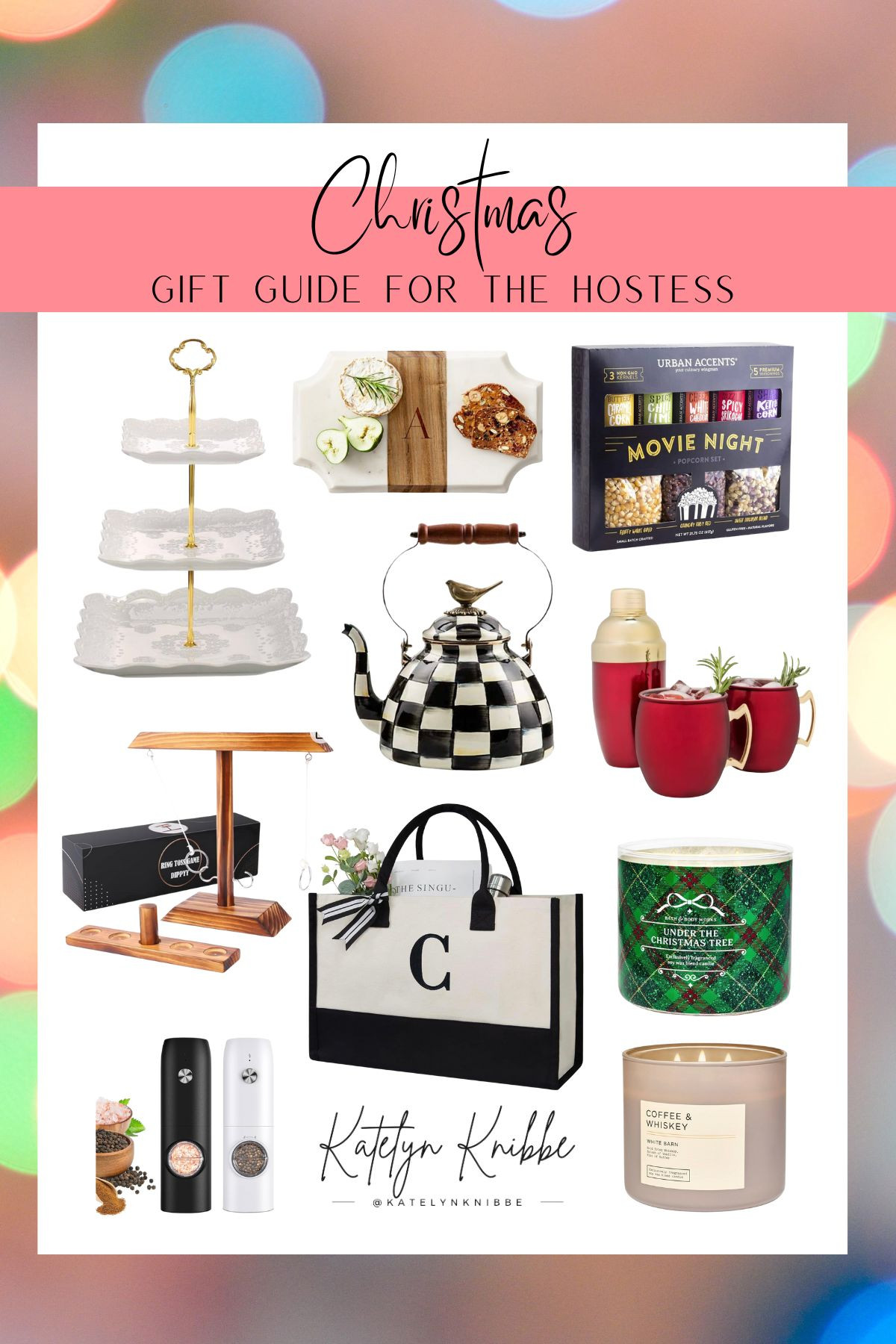 A Christmas gift guide for the hostess in your life. Prices range from around $15 and up. Personalized serving tray, tiered tray, popcorn kit, Mackenzie Childs tea kettle, bath and body works candles, cocktail shaker and cups set, personalized tote bag, drinking game 

 #LTKGiftGuide #LTKHoliday #LTKSeasonal