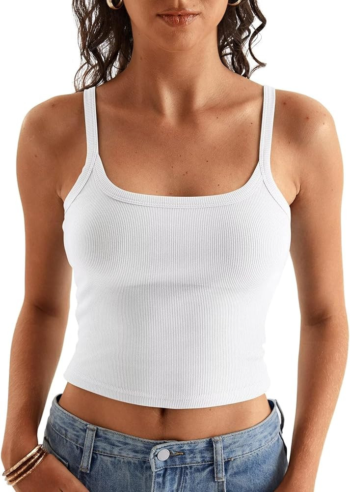 Women Spaghetti Strap Crop Tops Summer Ribbed Tank Tops Scoop Neck Camisole Sleeveless Slim Fit C... | Amazon (US)
