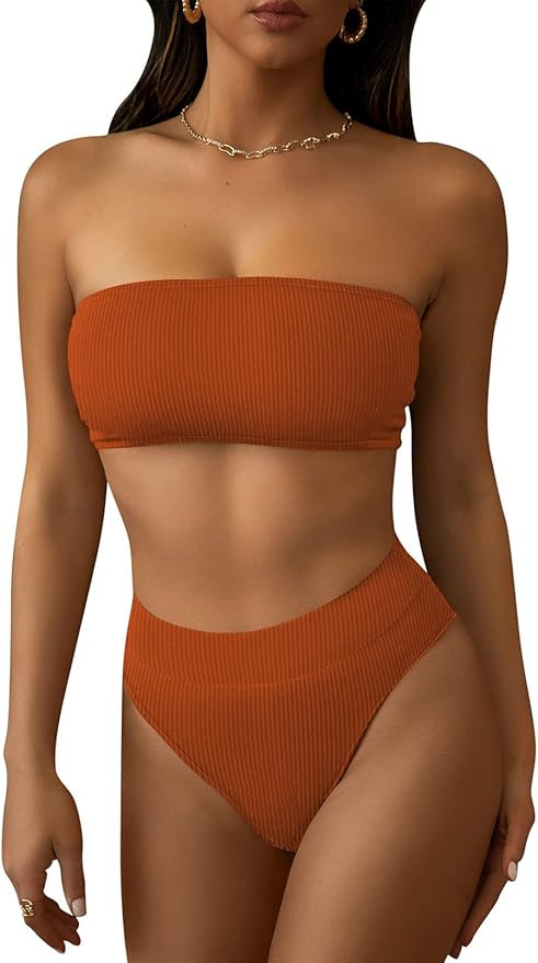 Pink Queen Women's Ribbed High Waisted Bikini Set Removable Strap Bandeau Swimsuit | Amazon (US)