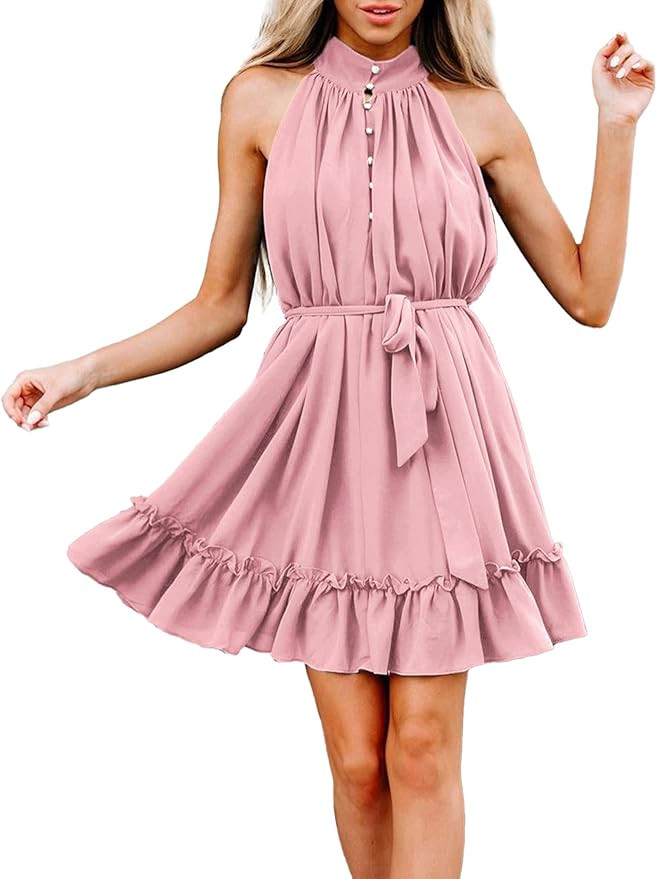 KIRUNDO Women's Summer Sleeveless Halter Neck Short Dress Chiffon Button Down Flowy Ruffle Beach Par | Amazon (US)