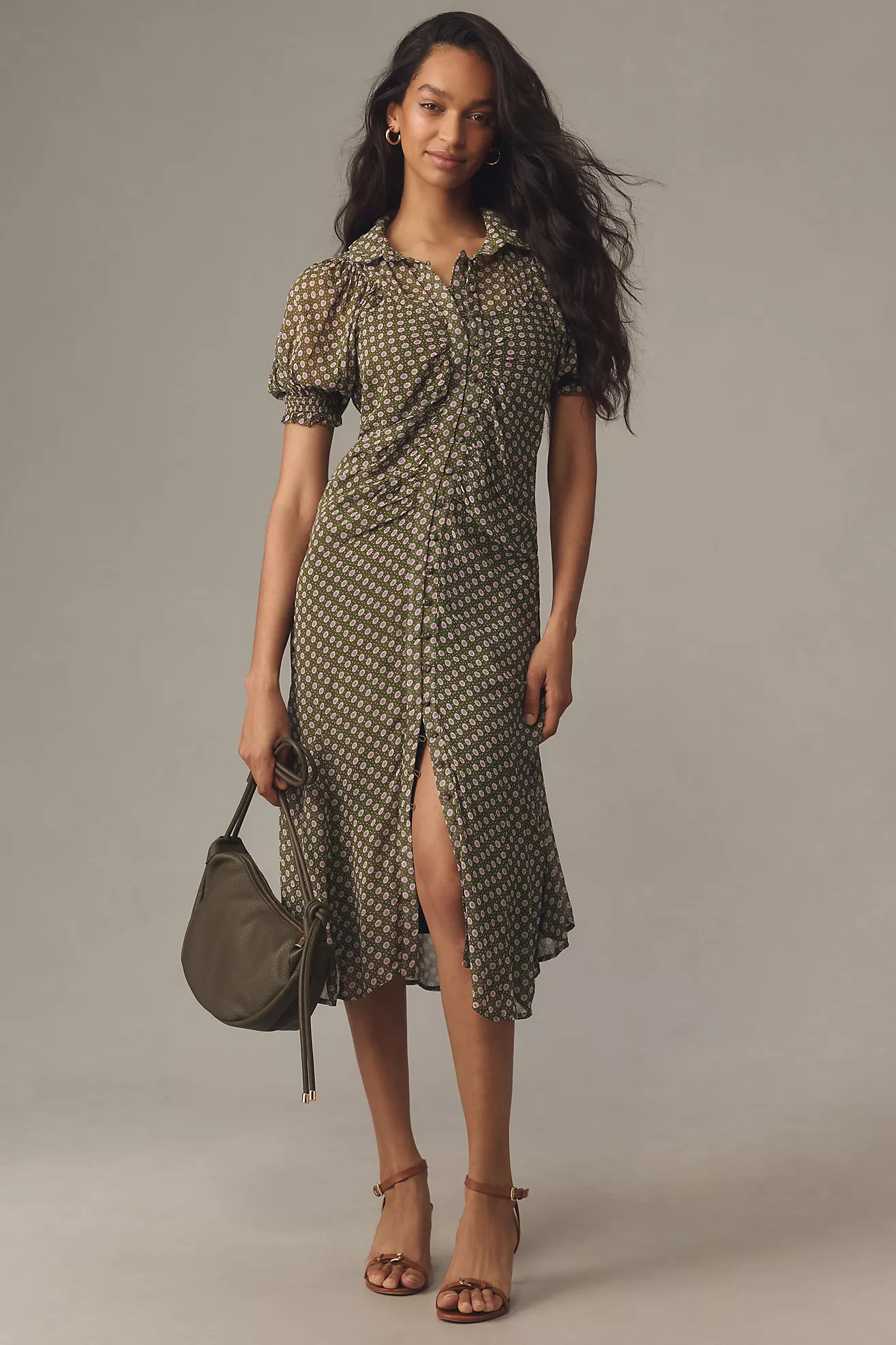 By Anthropologie Puff-Sleeve Ruched Mesh Midi Shirt Dress | Anthropologie (US)