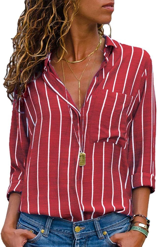 MISSLOOK Women's Stripes Button Down Shirts Roll-up Sleeve Tops V Neck Casual Work Blouses | Amazon (US)