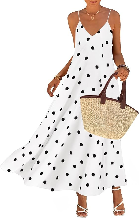 KIRUNDO Boho Maxi Dress for Women Summer Spaghetti Strap V Neck Polka Dot Flowy Long Beach Vacati... | Amazon (US)