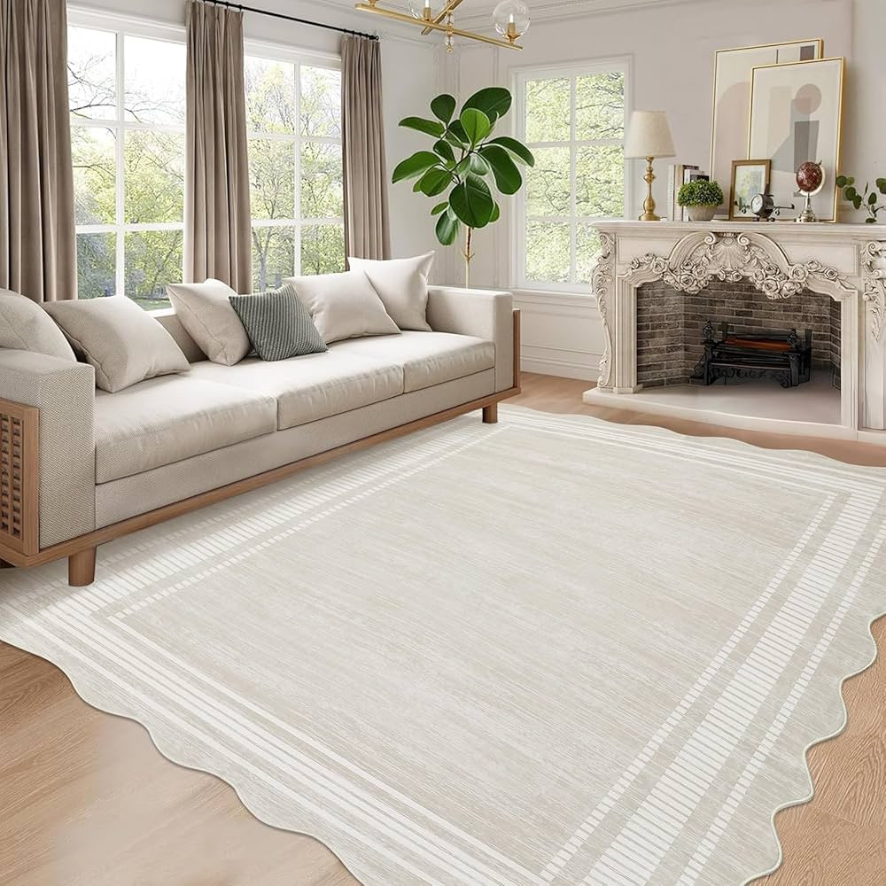 Scalloped 9x12 Area Rugs for Living Room Modern Neutral Washable Rugs for Bedroom Large Solid Far... | Amazon (US)