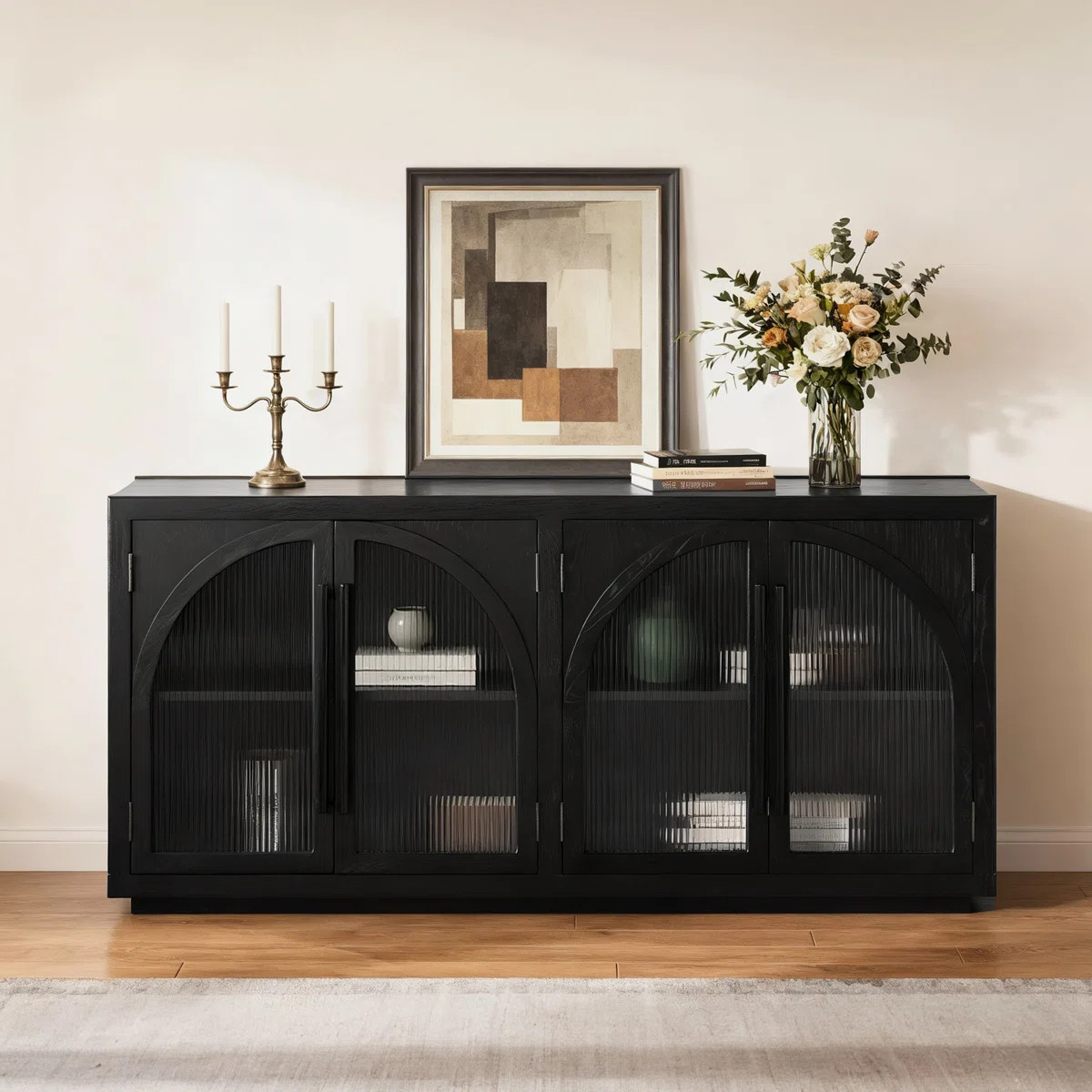 70'' Modern Black Oak Sideboard Cabinet with Adjustable Shelves and 4 Semi-Frosted Glass Doors | Wayfair North America