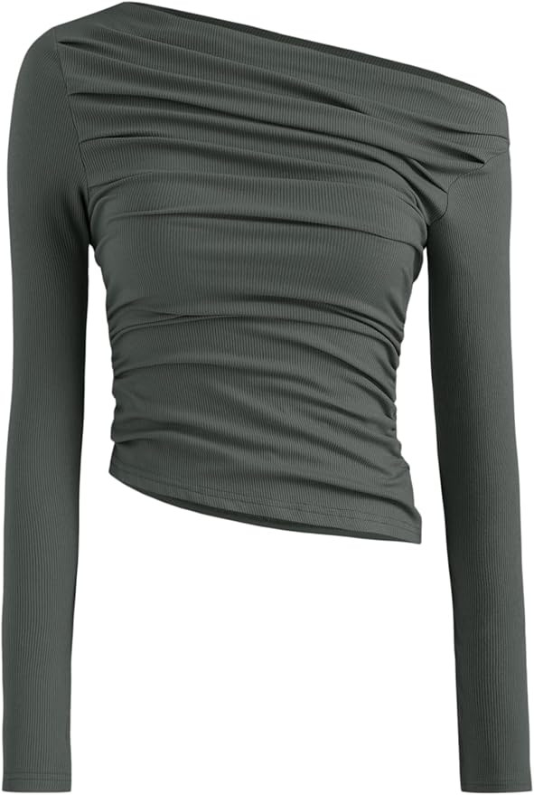 CIDER Women's Asymmetrical Top Off The Shoulder Long Sleeve Shirts Ruched Going Out Crop Tops | Amazon (US)