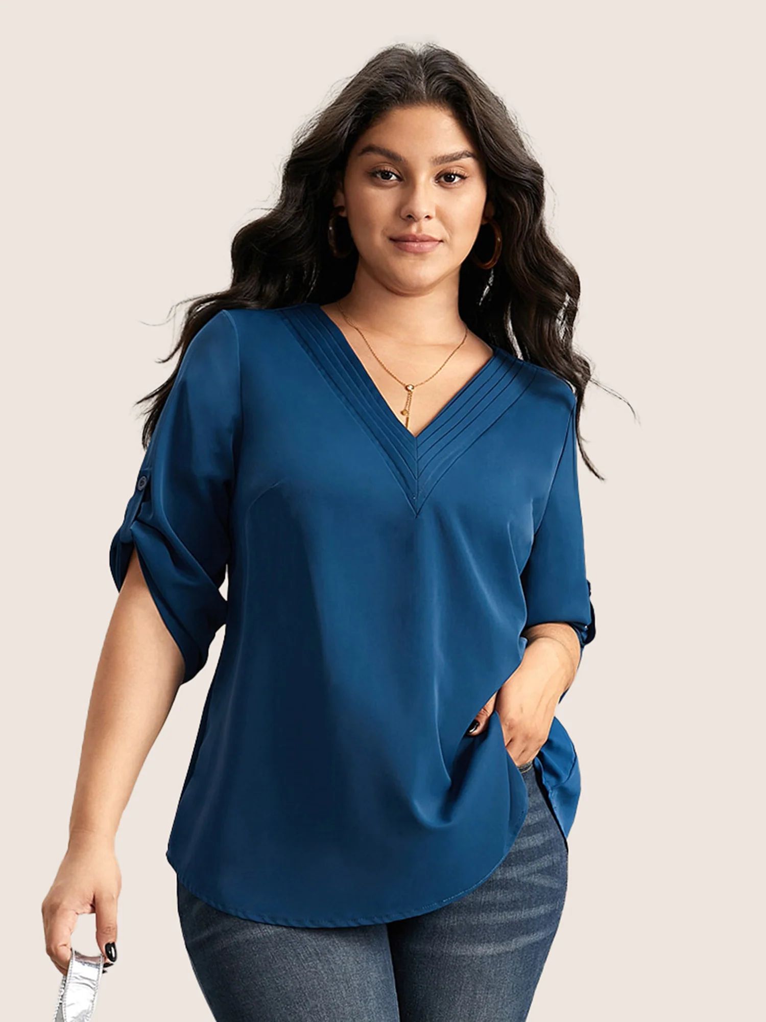 V Neck Plain Pleated Tab Sleeve Blouse | Bloomchic