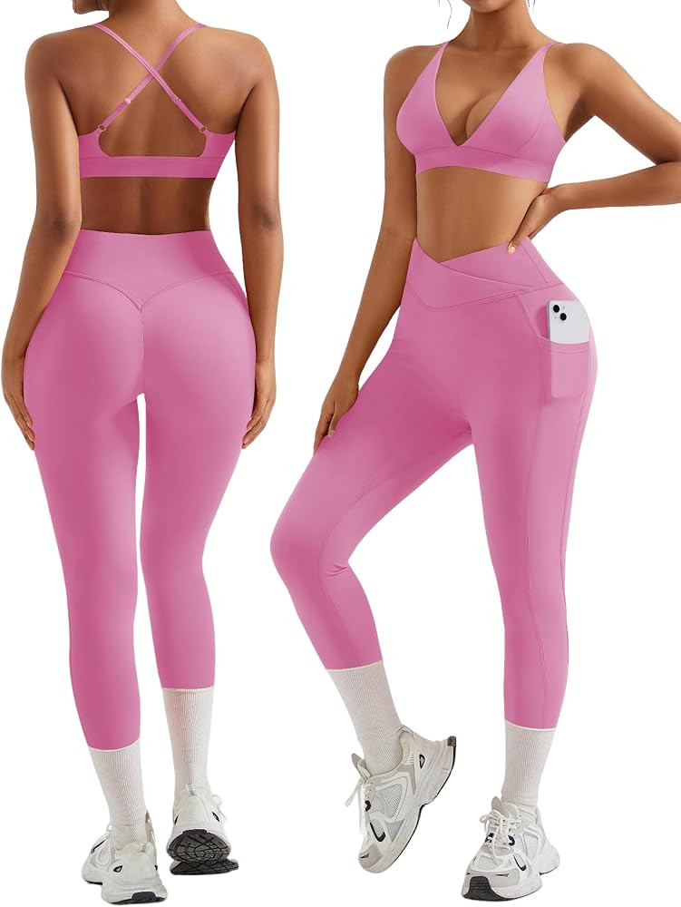 RXRXCOCO 2 Piece Workout Sets for Women Strappy Sports Bra Booty Leggings with Pockets Yoga Gym O... | Amazon (US)